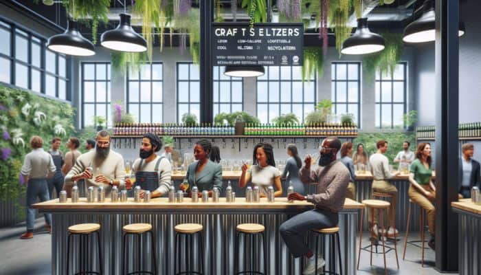 Modern seltzer bar with eco-friendly decor, offering low-calorie and craft seltzers, tastings of unique local flavors.