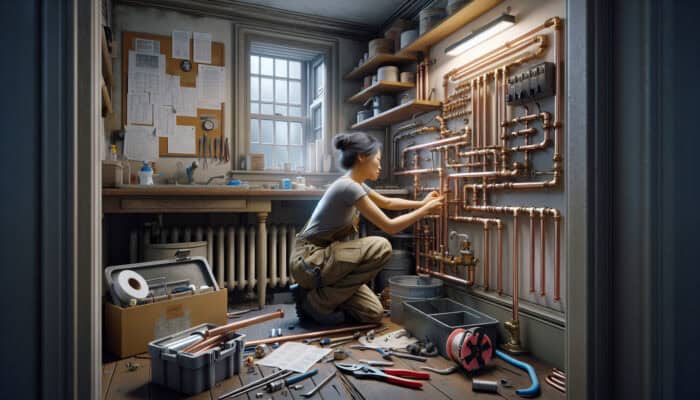 Plumber in older home workspace removing old Poly B piping and installing new PEX or copper pipes.