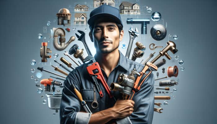 A Burnaby plumber examining plumbing, surrounded by local codes and water quality reports, highlighting their expertise.