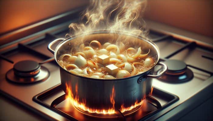 Large pot on stove with melting butter, thinly sliced onions turning deep golden brown, steam rising.