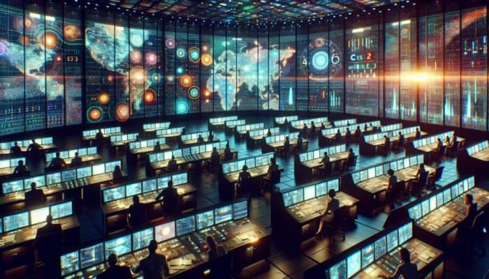 Experts in a high-tech control room analysing emergency beacon data on large screens with urgency.