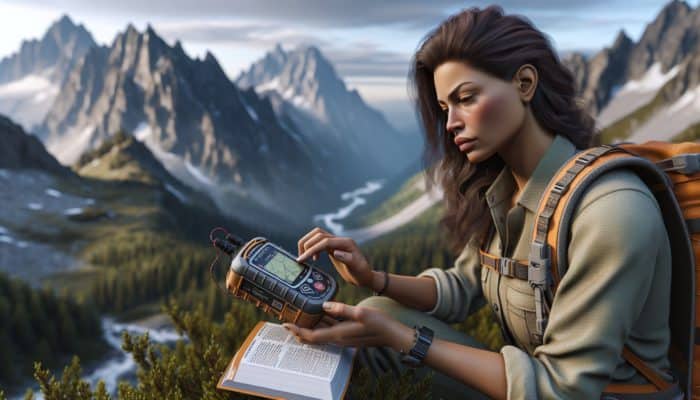 A wilderness safety expert tests an emergency beacon against a mountain backdrop, using an operational manual.