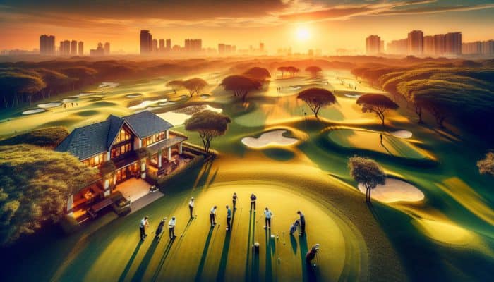 Aerial view of Howick Golf Club at sunset, golfers playing, expert giving insights, clubhouse visible.