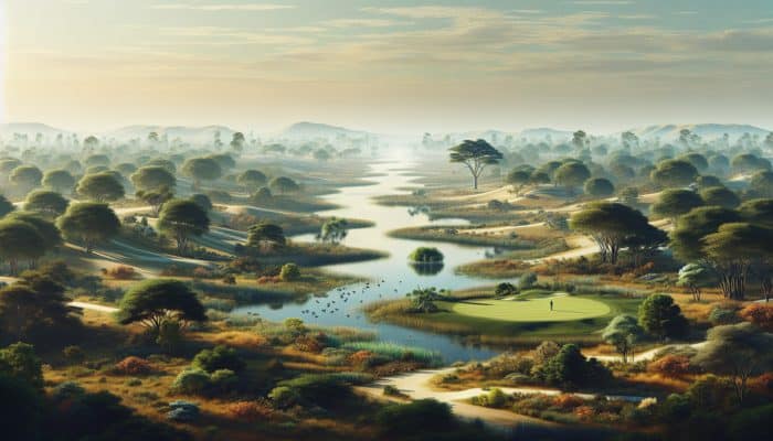 A serene golf course at Howick Golf Club with lush indigenous plants and thriving local wildlife, showcasing sustainable practices.