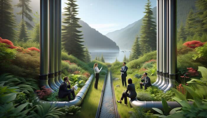 A modern downspout system in Squamish, with engineers discussing solutions amidst lush greenery and mountains.