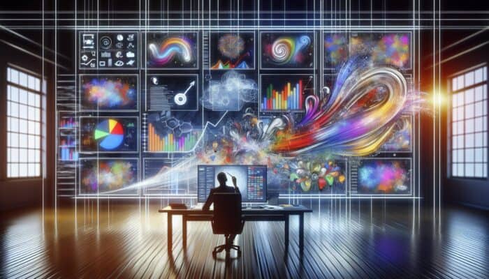 A digital dashboard with graphs and metrics for video ad click-through rates, analyzed by a marketer.