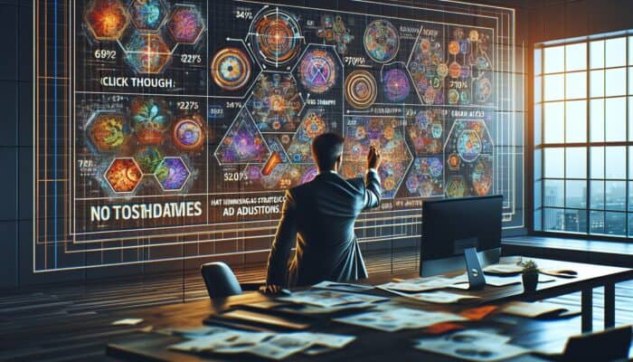 A digital dashboard with graphs and charts analyzing CTR data, an analyst comparing industry benchmarks in a modern office.