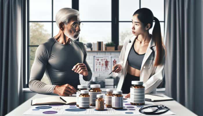 An older runner in a bright home office, consulting a healthcare provider, researching and planning supplement use with journals and bottles.