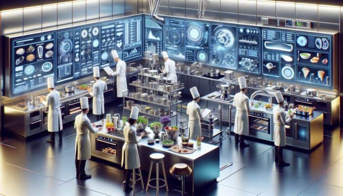 Futuristic kitchen in 2025 with advanced gadgets, expert chefs discussing essential tools.