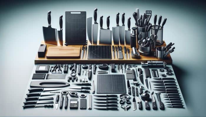 High-quality kitchen gadgets including sharp knives and sturdy cutting boards arranged on a modern countertop.