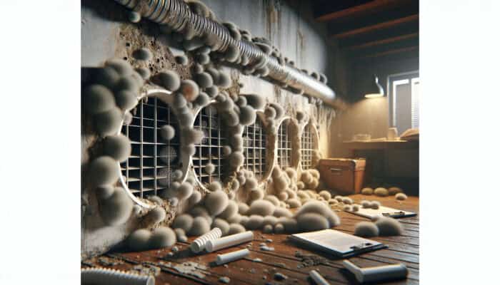 Mould-infested ductwork with visible spores and dust on vents in a neglected home, urgently needing cleaning.