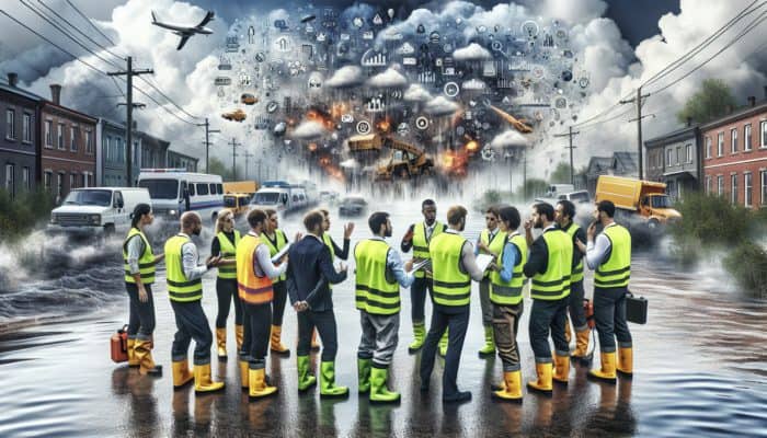 Experts in safety vests discussing floodwater safety near a flooded street with infographics and equipment.