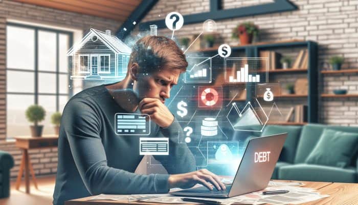 Person reviewing financial documents and checking credit score on laptop in UK home office.