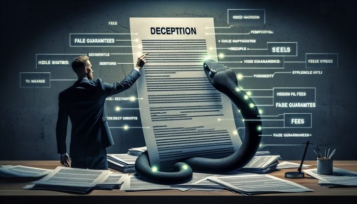 A person in a dimly lit office carefully reviewing a deceptive loan document, highlighting hidden fees and approval guarantees.