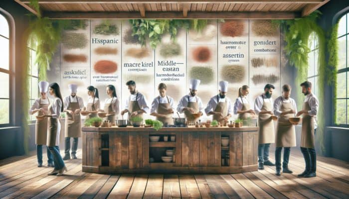 Experts blending natural ingredients in a serene kitchen, surrounded by greenery and rustic wood.