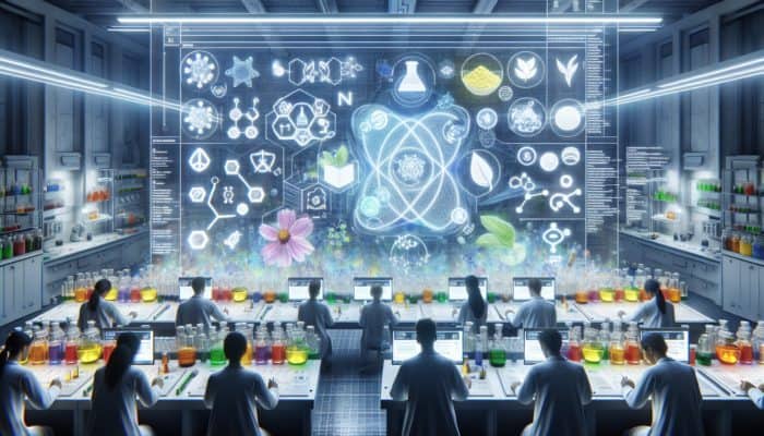 Futuristic lab with scientists blending vibrant plant-based ingredients, emphasizing sustainability and transparency.