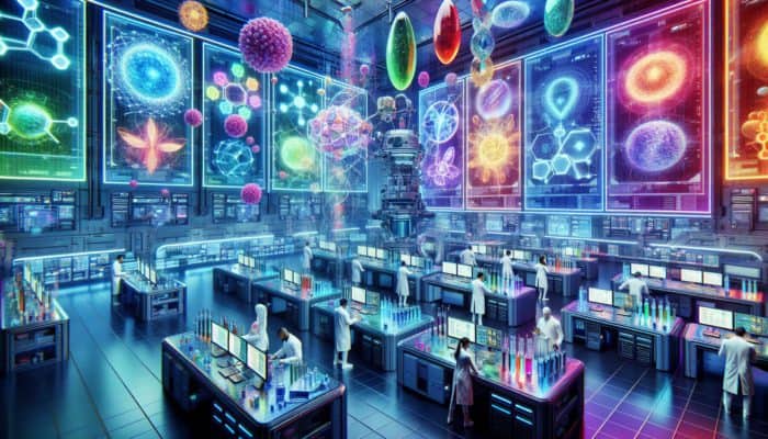 A futuristic lab where scientists customize advanced multivitamins with high-tech equipment and colorful nutrient visualizations.