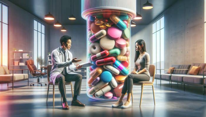 Person consulting nutritionist, reviewing blood tests and journal, selecting multivitamins in a modern clinic.