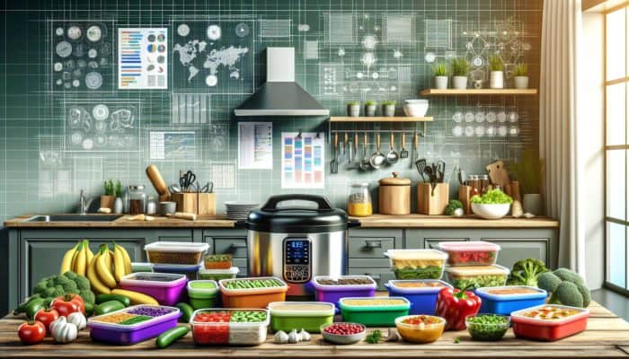 A modern kitchen with batch-cooked low-FODMAP meals, pre-chopped vegetables, and a pressure cooker.
