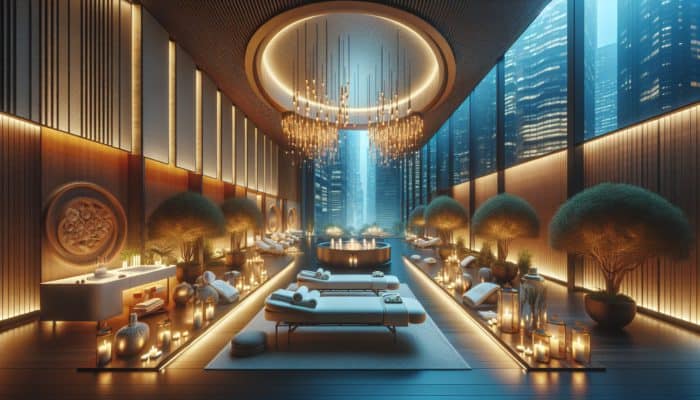 A serene Las Vegas spa with luxurious massage tables and elegant decor for relaxation.