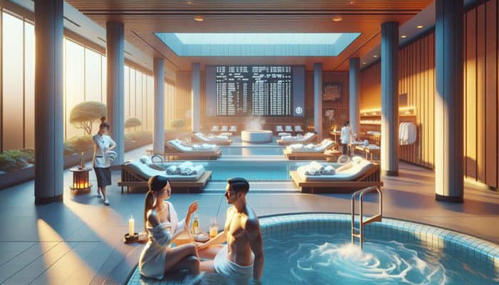 A tranquil Las Vegas spa in the early morning, featuring quiet hot tubs, saunas, a massage session, and a client discussing spa packages with staff.