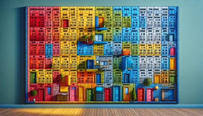 A calendar showing one to two weeks before travel with colorful hotel doors, weekdays, and off-peak seasons highlighted.