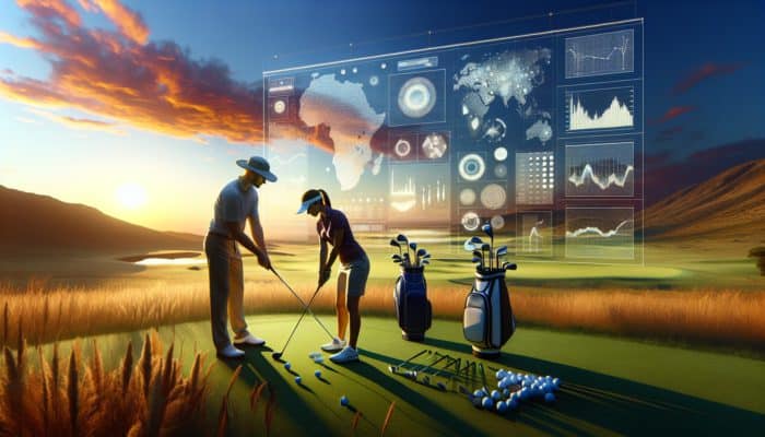 A golfer practicing recovery shots at sunset on a South African course, guided by a coach.