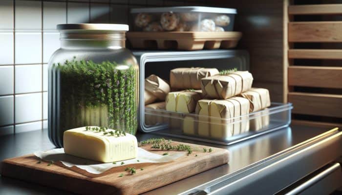 Airtight container and parchment-wrapped herb butter logs on shelf, freezer with portioned servings in background.