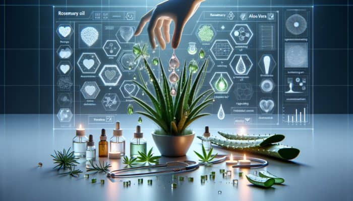 Expert analysis in a modern lab showing rosemary oil and aloe vera enhancing hair growth and health.