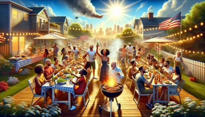 A lively American BBQ scene with people enjoying food and festivities under a sunny sky.