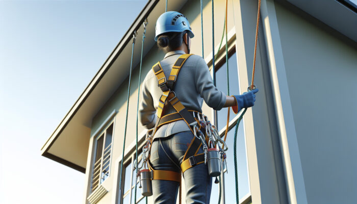 Worker in full-body harness using ropes for safety, clearing upper levels of a multi-storey home.