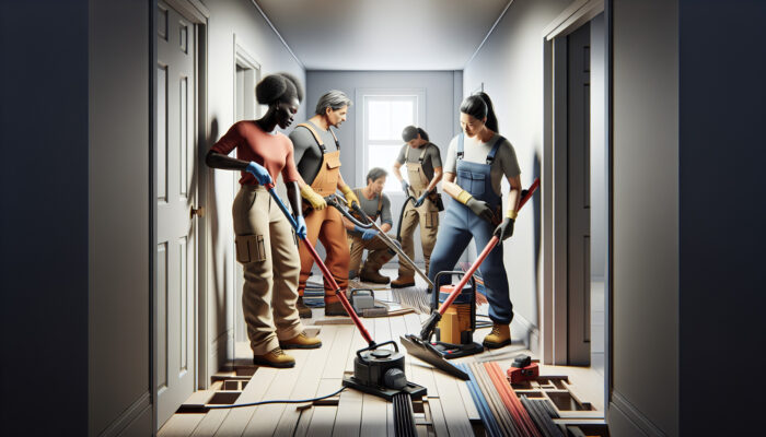 Team using specialized tools in multi-storey home to clear space efficiently and safely.