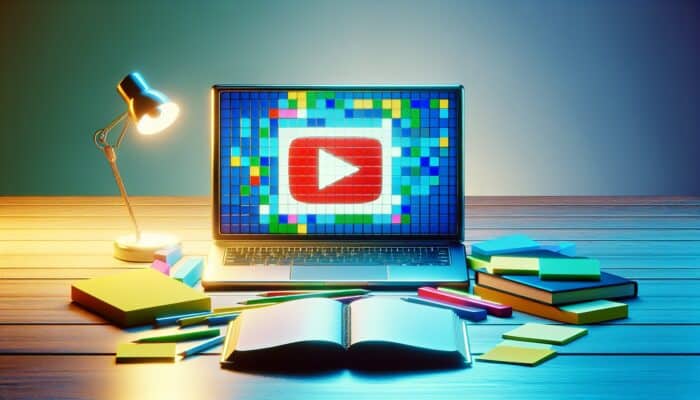 A laptop showing a YouTube playlist, surrounded by sticky notes and a guidebook on video retention, in a well-lit workspace.