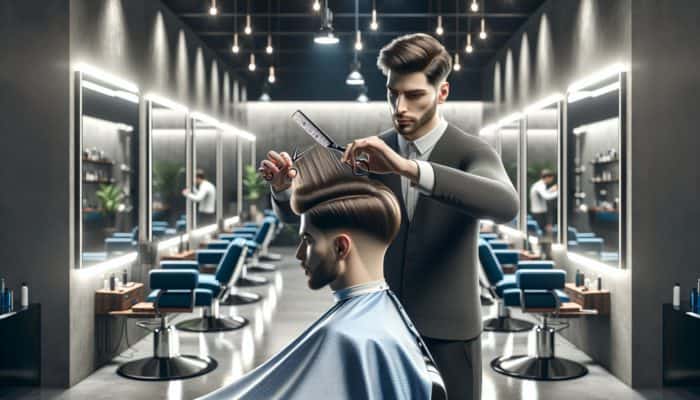 A barber meticulously cutting long layers in a man's hair in a modern shop with mirrors and focused lighting.