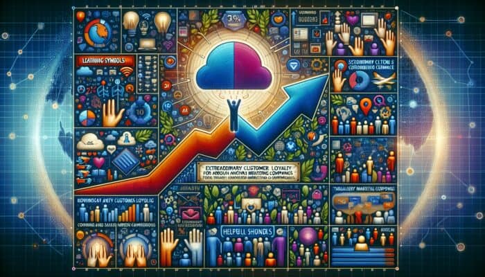 A digital dashboard showing real-time customer data with graphs indicating a 30% loyalty increase for a hosting service.