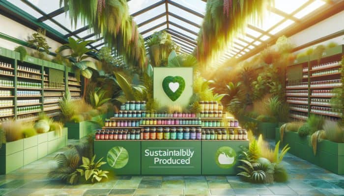 A vibrant eco-friendly store display of sustainable supplement brands with plants and natural light.