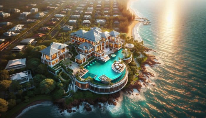 Luxurious Knysna estate with ocean views, large home, pool, near amenities, surrounded by parks.