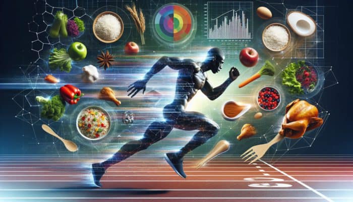 Usain Bolt sprinting with images of rice, chicken, and vegetables, illustrating diet's impact on performance.