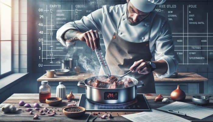 A chef braising meat at 165°C in a rustic kitchen, using a thermometer for tenderness.