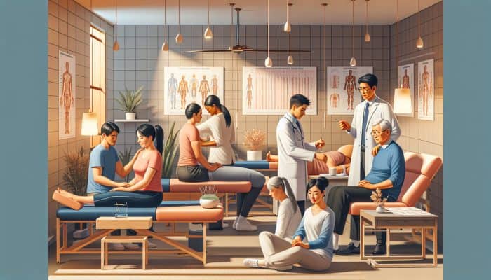 A serene acupuncture clinic treating diverse patients, an expert discussing insurance with an uninsured patient.