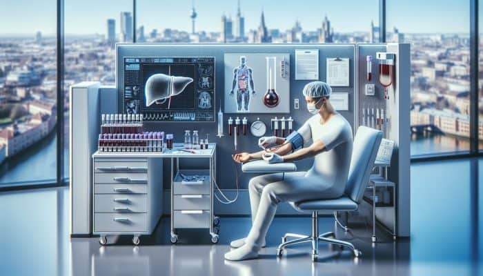 A technician drawing blood in a modern Basingstoke lab, with a sign for "Liver Blood Tests" visible.