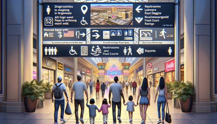 Family using a mall map to plan their route in a vibrant Las Vegas mall, early morning, with signs for restrooms and food courts, and a special event banner visible.