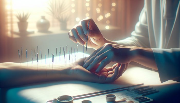 A serene acupuncture session for wrist pain relief with needles around the wrist in a softly lit room.