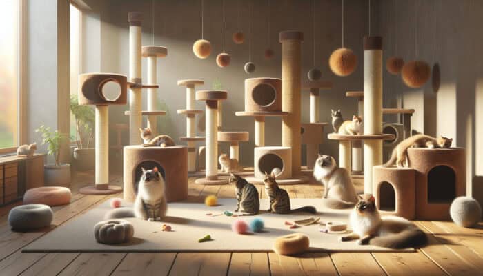 A calm room equipped with cat towers, posts, and toys where multiple cats coexist peacefully and play together.
