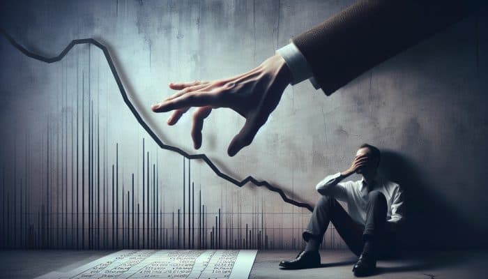 A distressed worker's paycheck being seized by a creditor, symbolising wage garnishment, with a backdrop of financial strain and declining credit score.