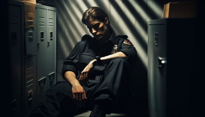A somber first responder in uniform, sitting alone in a dimly lit room, looking stressed and exhausted.