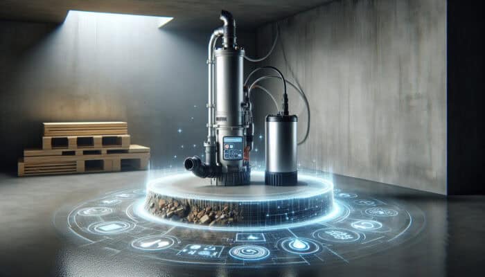 A futuristic smart sump pump in a modern basement with a digital interface displaying real-time data and remote monitoring alerts.