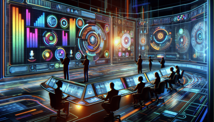 A futuristic dashboard with voice search analytics graphs, surrounded by expert analysts in a high-tech control room.