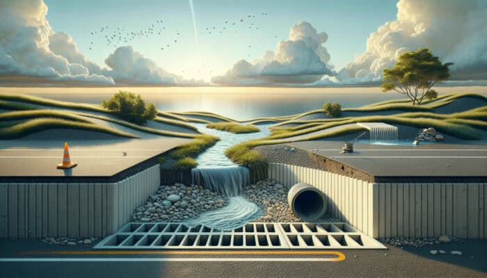 A peaceful landscape showcasing a French drain, a surface drain in a parking lot, and a dry well beneath a cloudy, rainy sky.