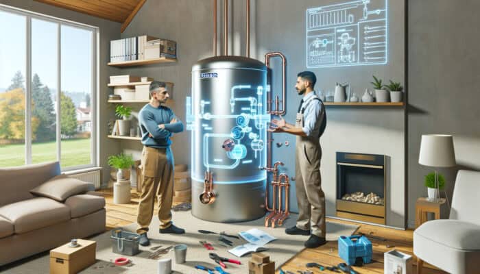 A technician explaining a modern hot water tank installation to a customer in a Burnaby home.